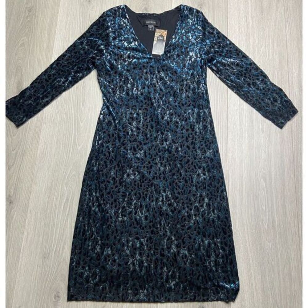 Karen Kane Dress Velvet Burnout Black Blue Sheath‎ Witchy Goth Mermaid Animal